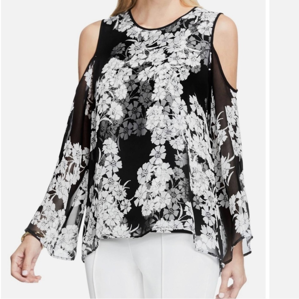 Vince Camuto Sz M cold shoulder‎ long bell Romantic Glamour overlay top blouse